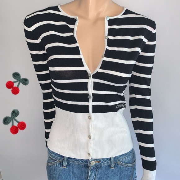 Retro Cherry Striped Y2K Ribbed Cardigan Sweater - Picture 2 of 15